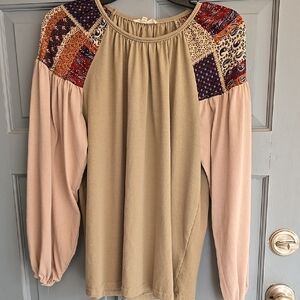 Easel sz SMALL Bohemian Patchwork Long Sleeve Top
